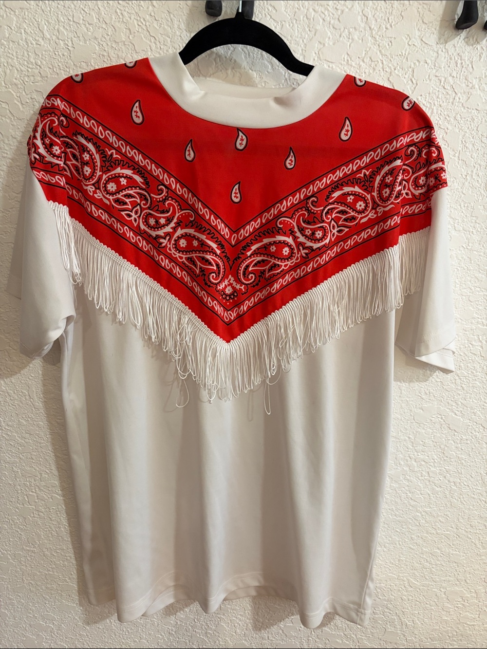 Vintage White Short Sleeve Top with Red Bandana Yoke and Fringe
